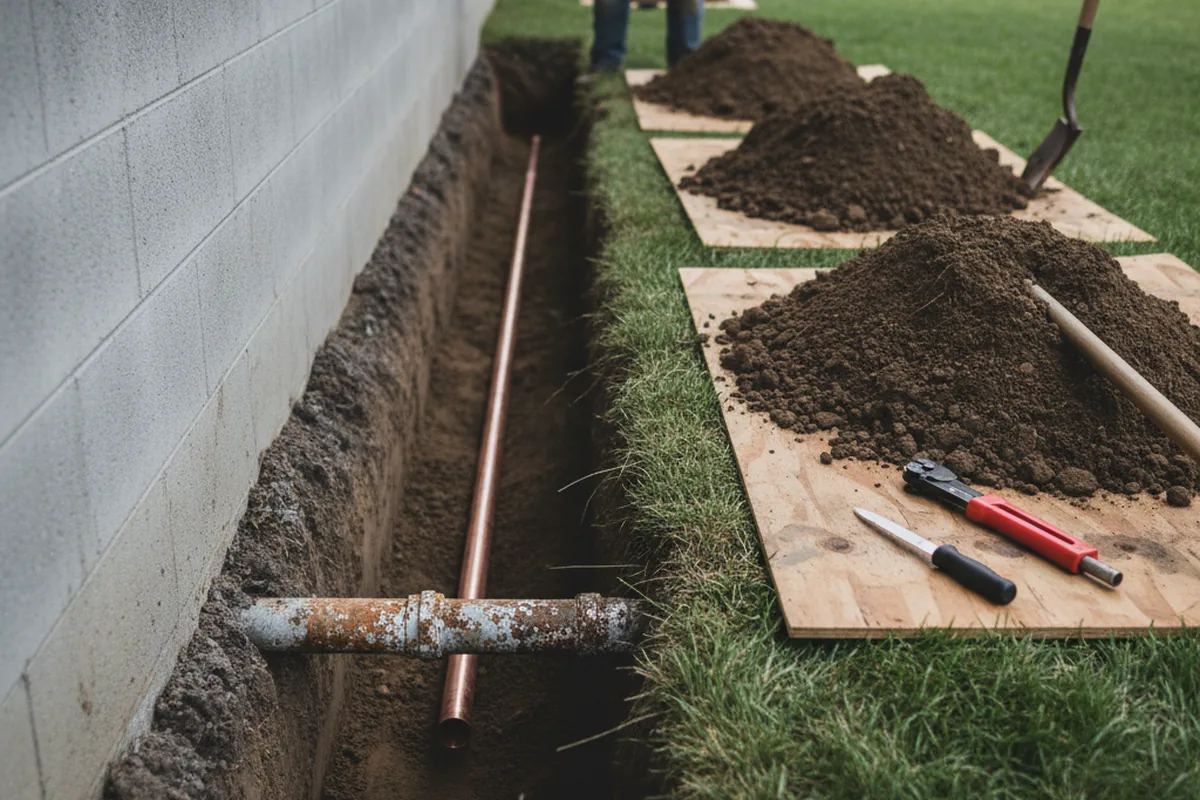 Excavated water line trench during Water Softener Installation in Rowland